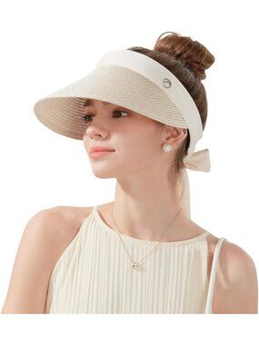 Womens White Ribbon Wide Brim Straw Foldable Floppy Beach Visor Ponytail Sun Hat